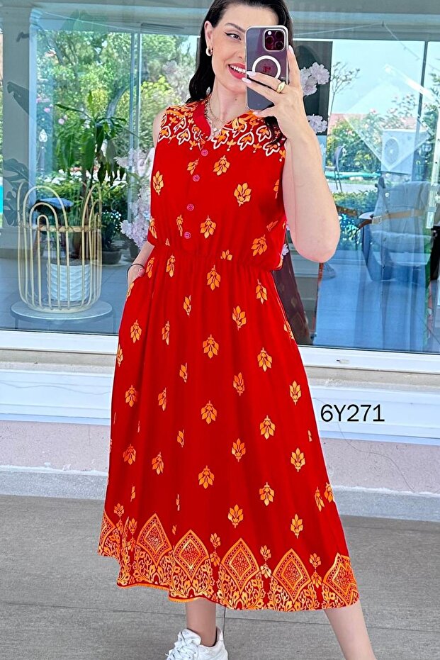 Zero Sleeve Elastic Waist Viscose Dress 6Y271