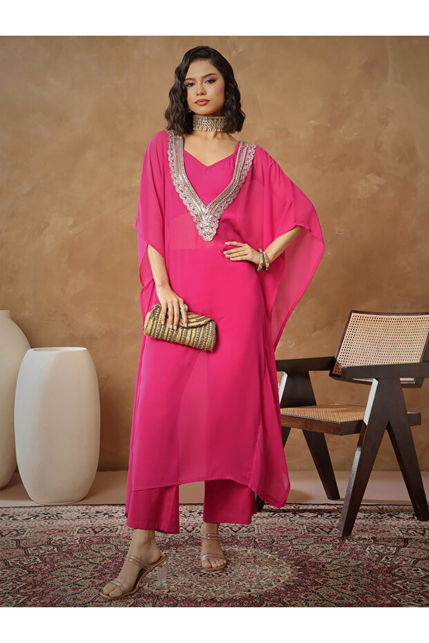 Fuchsia Embroidered Kaftan, Cami and Straight Pants Set