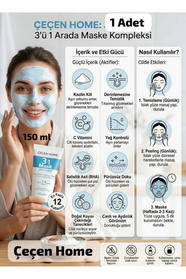 (1 Piece) 3-in-1 Mask 150 ml - Salicylic Acid Face Wash Gel & Peeling & Mask - Anti-Blackheads, Anti-Pores, Revitalizing & Brightening Purifying Facial Mask with Vitamin C and Peeling Effect