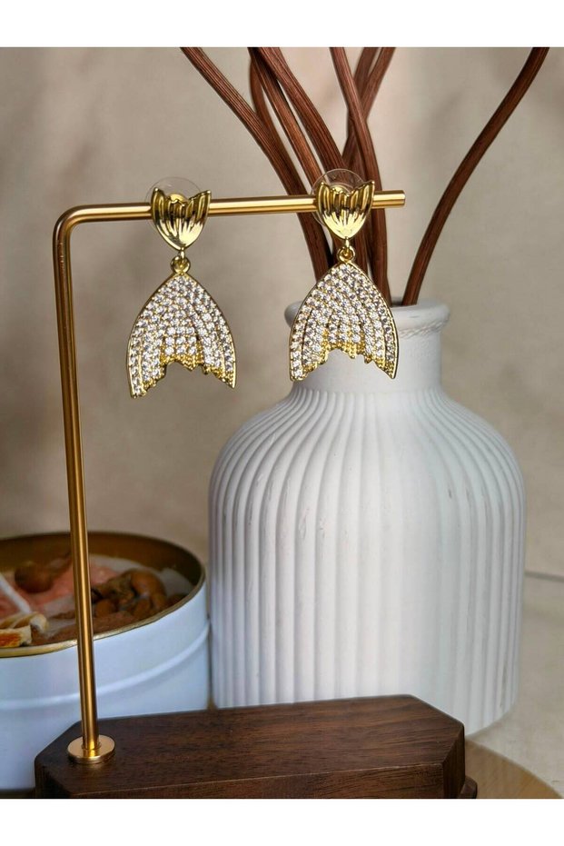 Steel Women's Earrings Gold Color Zircon Stone Fish Tail Design Hanging Earrings