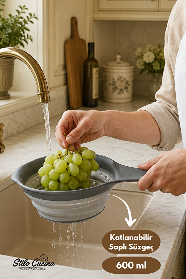 Collapsible Strainer with Handle 600 ml – Silicone Folding Kitchen Strainer, Fruit and Vegetable Washing and Straining Apparatus