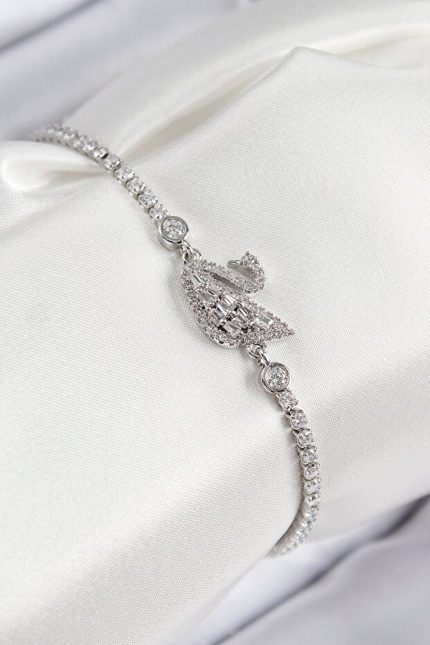 Brass Zircon Stone Swan Model Silver Color Women's Bracelet