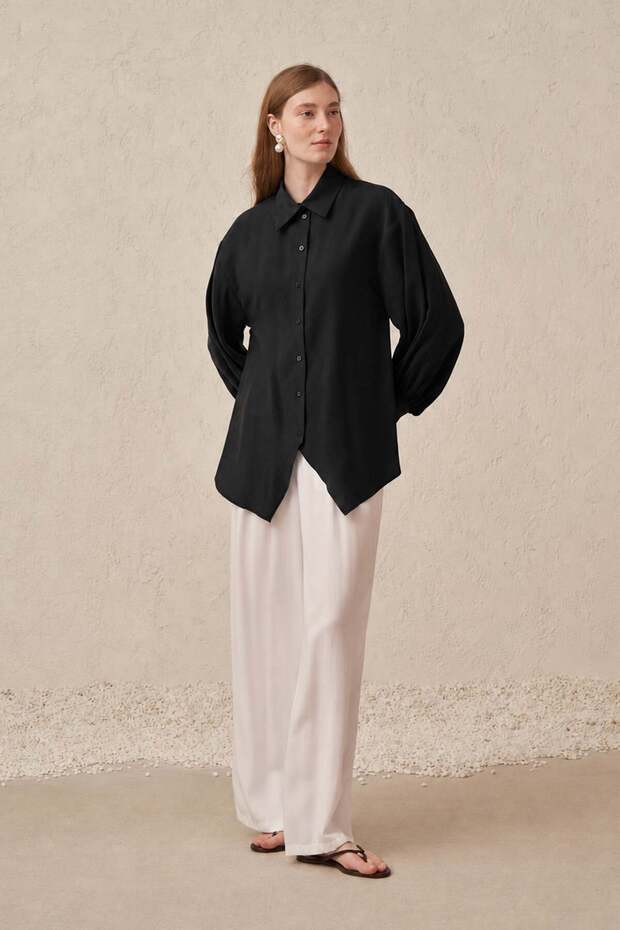 Black-Balloon Sleeve Oversize Shirt