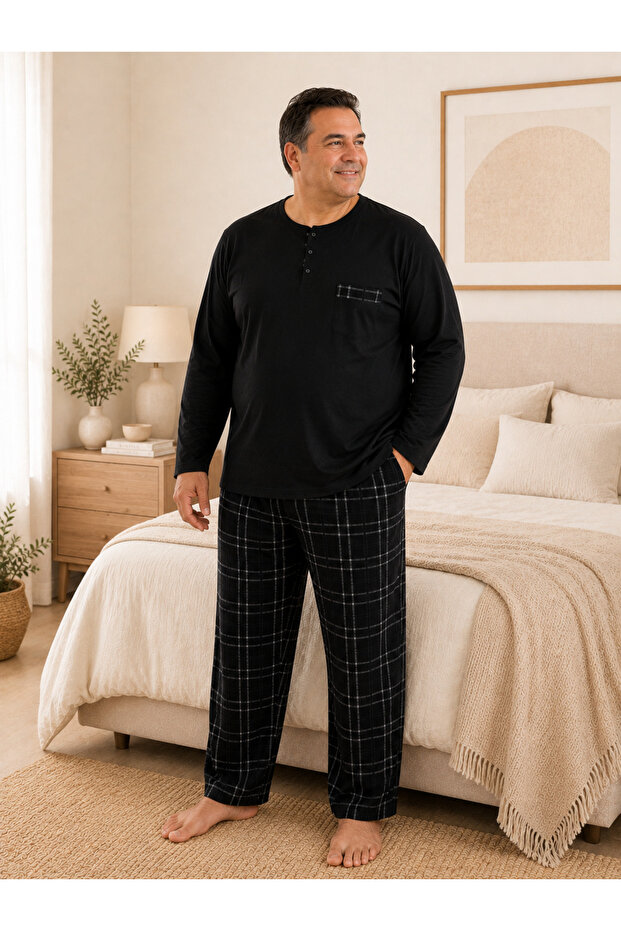 Premium Men's 100% Natural Cotton Plaid High Quality Buttoned Pocket Long Sleeve Pajama Set
