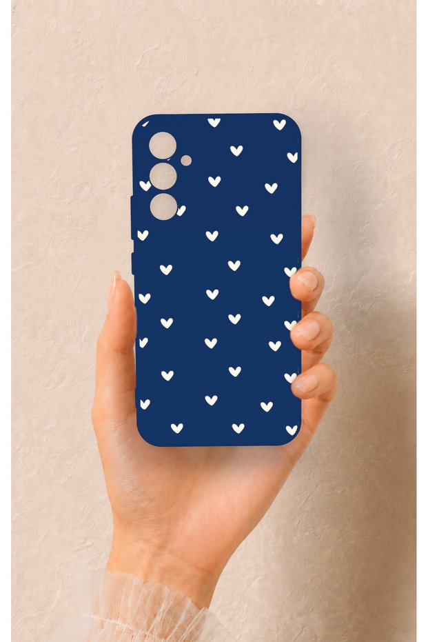 Samsung A34 Compatible Mini White Heart Navy Blue Patterned Silicone Case