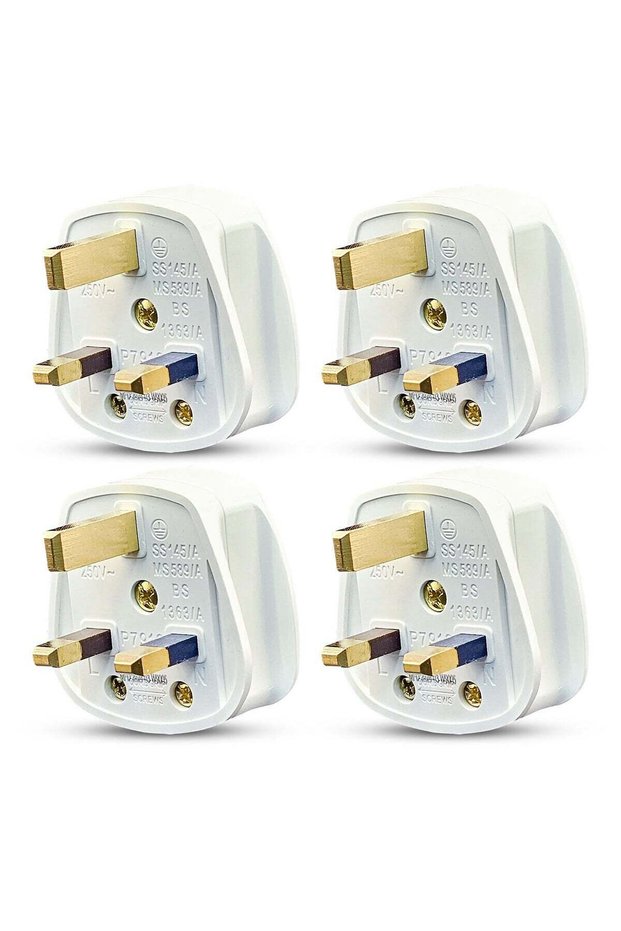 UK Fused 13 Amp White Mains 3 Pin Household Plugs Fitted with Colour coded sleeved pins (Pack-Of 4)