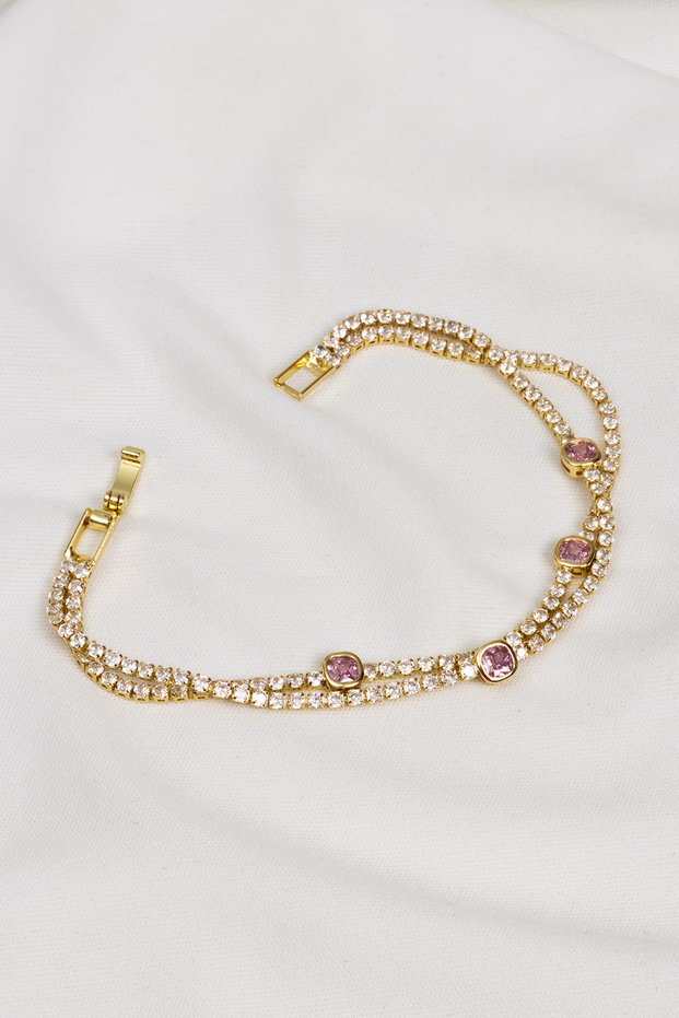 Pink Zircon Stone Gold Color Double Row Waterway Bracelet