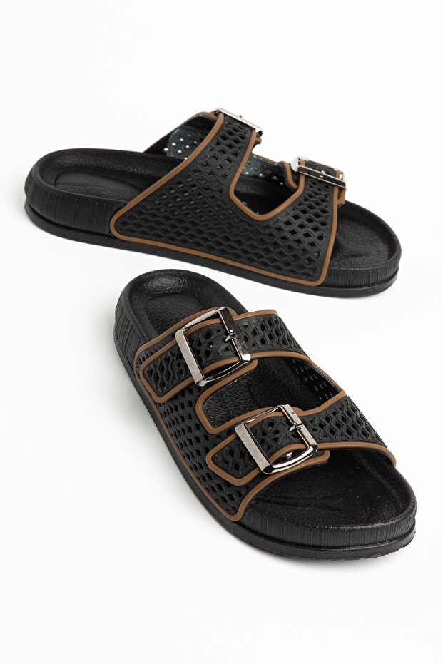 Betty Women's Black-Brown Rubber Double Buckle Poly Sole Slippers