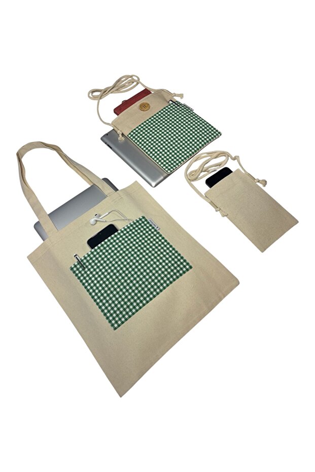 Pötikare Pattern 3-Piece Bag Set, Cloth Bag with Pockets, Book Tablet Ebook Bag, Phone Bag
