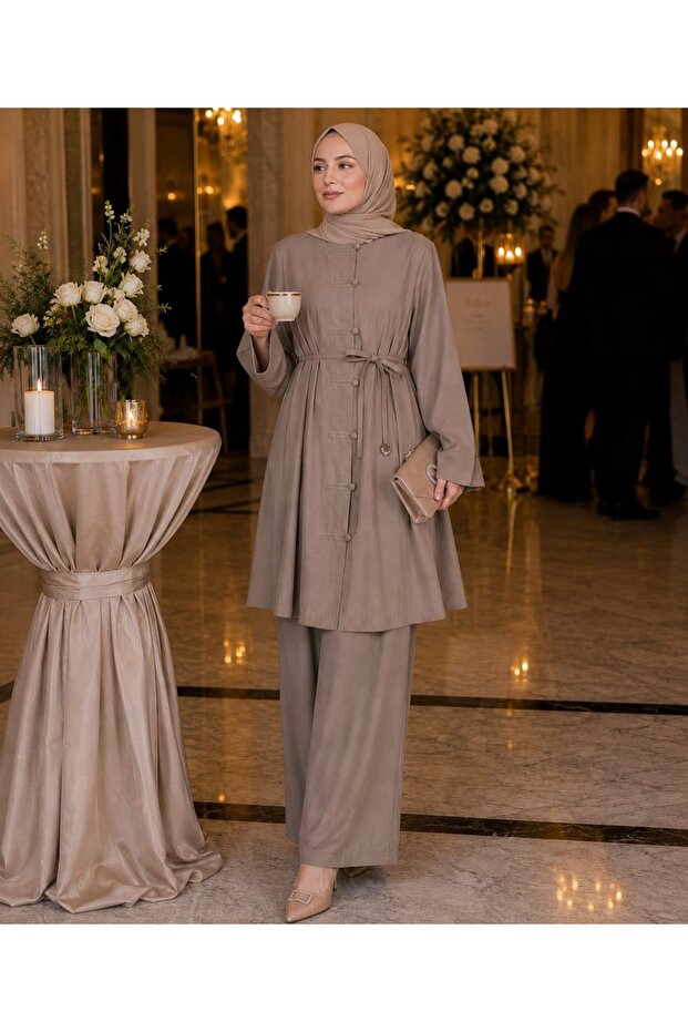 Women's Cupra Hakim Collar Button Detailed Waist Drawstring Tunic Trousers Hijab Two-Piece Set
