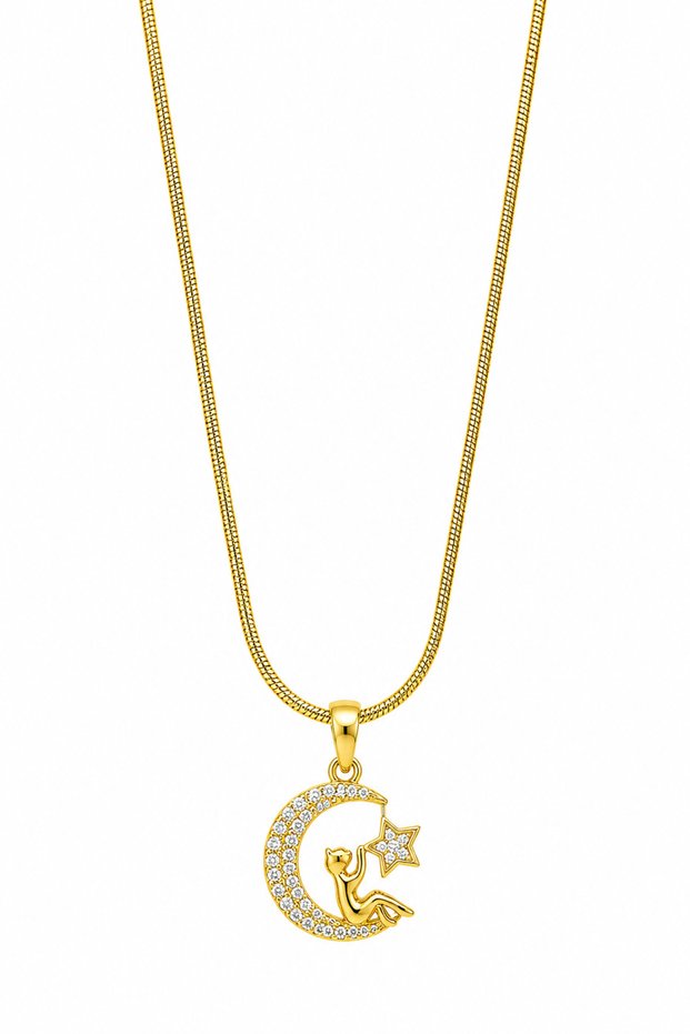 Zircon Stone Crescent Moon and Star Detailed Yellow Steel Necklace 50 cm