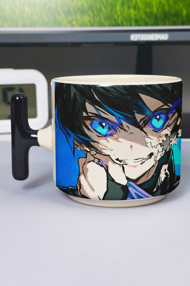 كوب سيراميك فاخر مطبوع عليه رسومات أنمي Ao no Exorcist (قطعة واحدة) على شكل حرف T بمقبض أسود خاص V4T