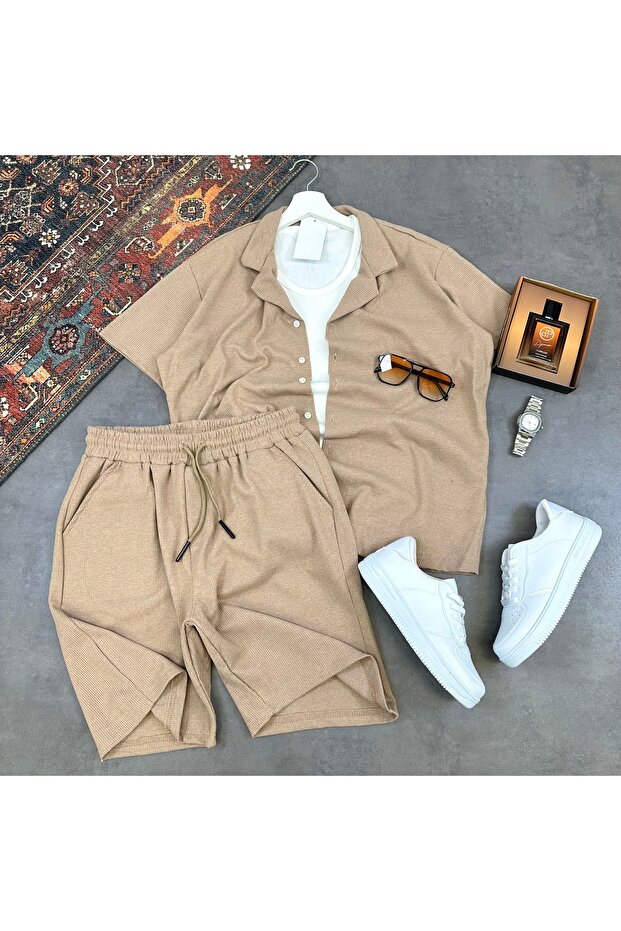 Waffle Fabric Short Sleeve Shirt and Shorts Set