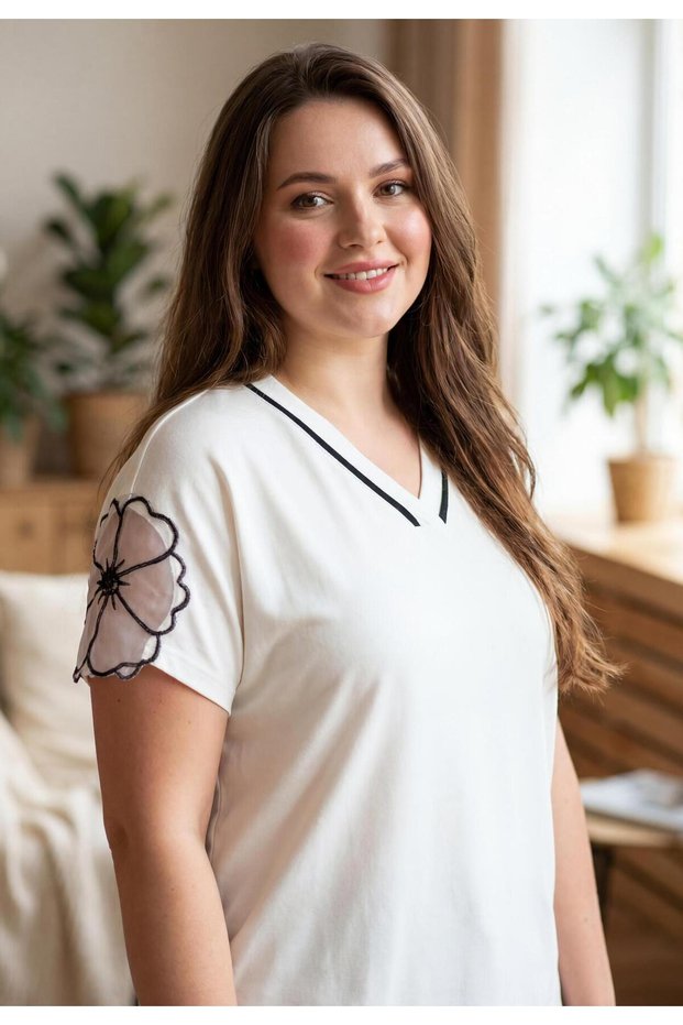 Women's Plus Size V-Neck White Stripe Sleeve Tulle Big Flower Detail Side Slit Stretchy Viscose Blouse