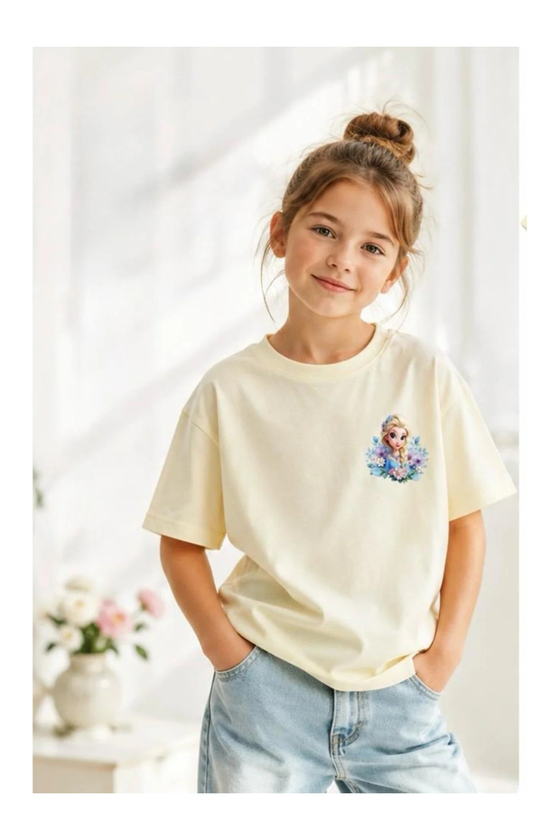 Character Printed Cream Girl's Tshirt - Frozen