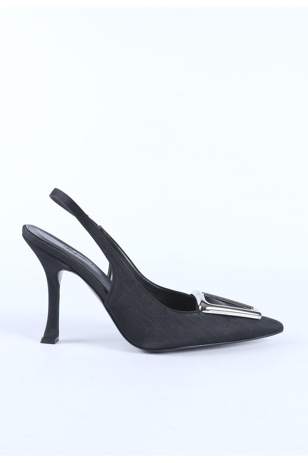 Women's Open Back Pointed Toe Metal Buckle Detailed Heeled Evening Dress Shoes Black