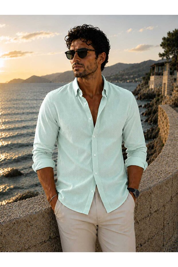 Fit Cut Cotton Linen, Breathable, Light Textured, Button-Up Collar, Men's Linen Shirt