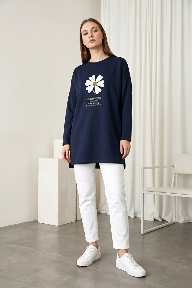 Floral Embroidery Detailed Crew Neck Combed Cotton Tunic - Navy Blue