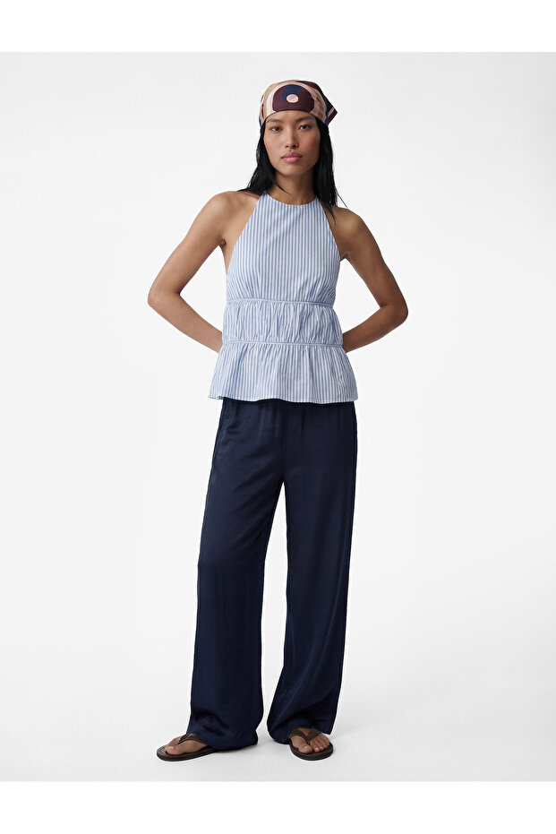 Aerobin Fabric Wide Leg Satin Trousers with Elastic Waist and Pockets