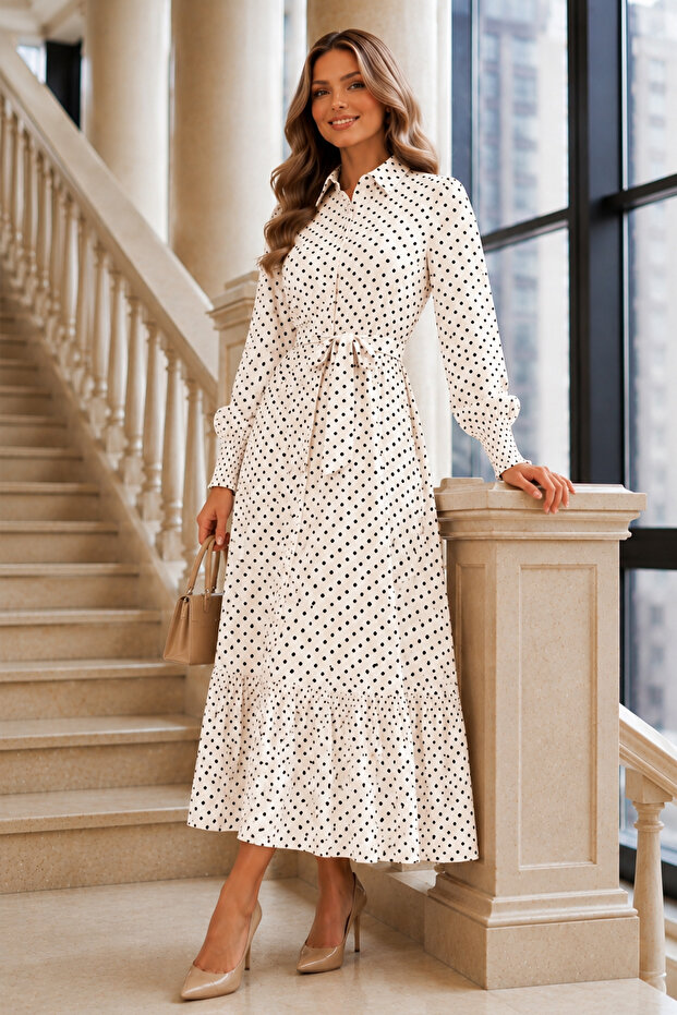 Belted Polka Dot Hijab Dress B2589 Cream