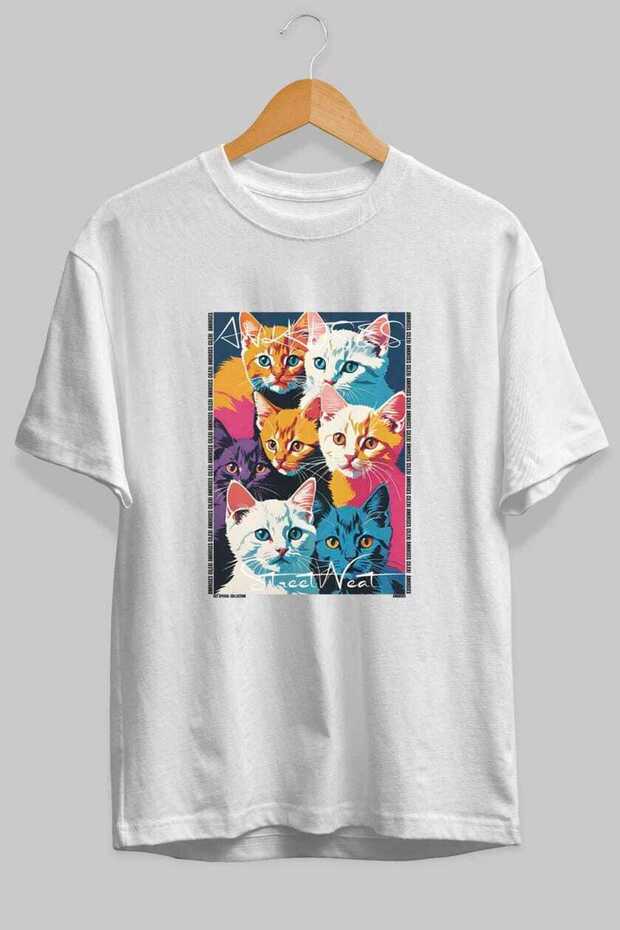 For the Love of Cats 20 Front Cat Printed White Oversize T-Shirt 100% Cotton Unisex Cat Lover Premium Design
