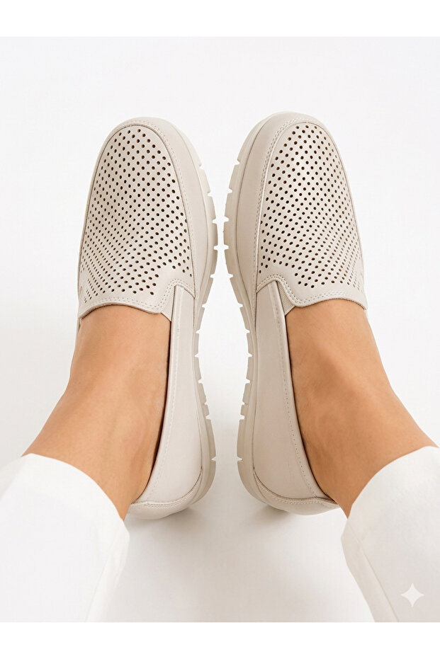 Women's Beige Color Genuine Leather Ballerinas