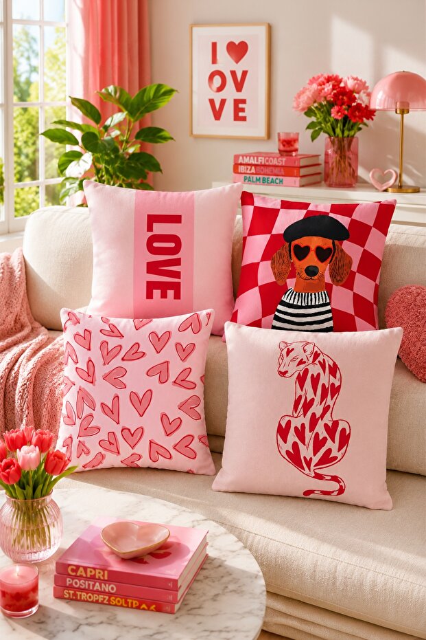 Pink Popart Patterned 4-Piece Throw Pillow Cover Set