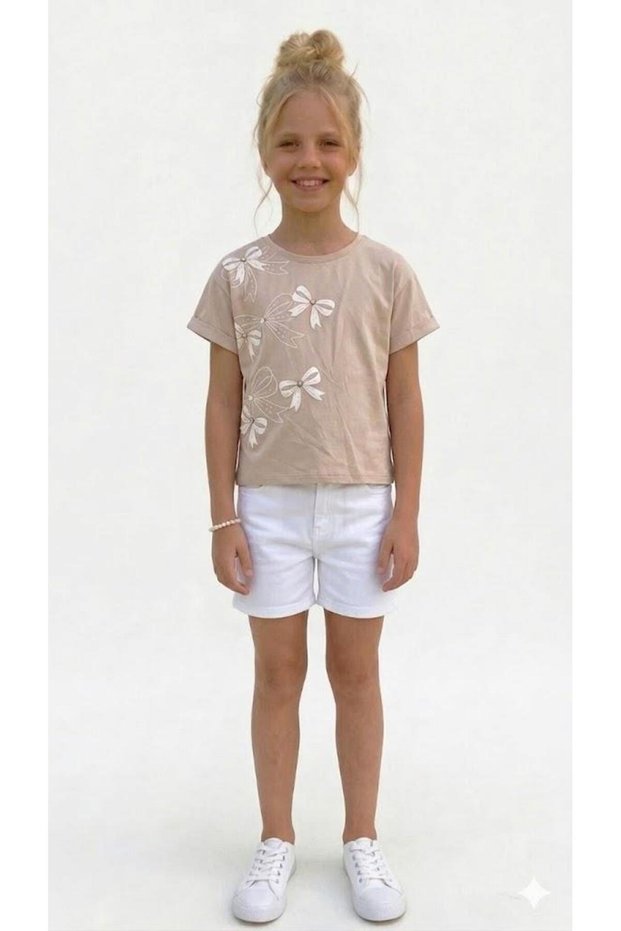 Girl's Short Sleeve T-Shirt with Ribbon Appliqué-4330-V