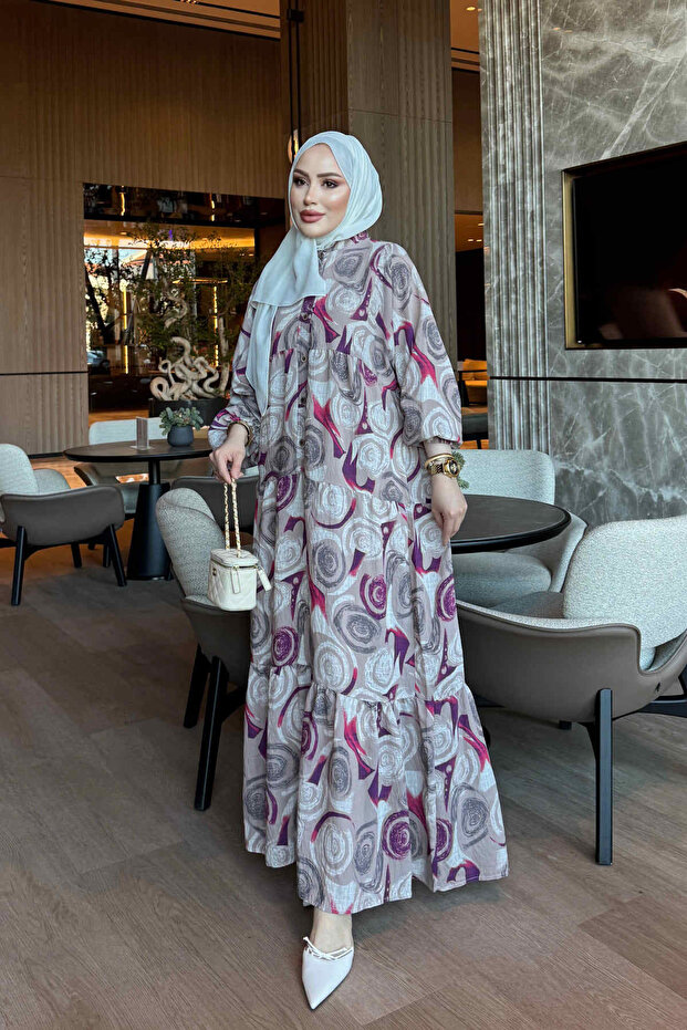 Mink Half Buttoned Sleeves Elastic Patterned Viscose Dress