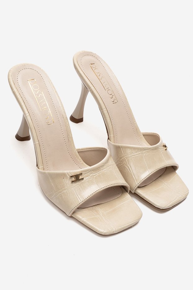 Dossa Beige Crocodile Pattern Gold Buckle Detail 8 cm Heel Women's Mule Sandals.