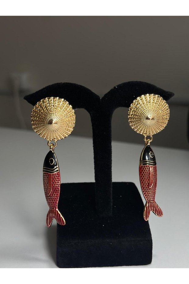 Gold Color Sun Motif Fish Figured Statement Earrings