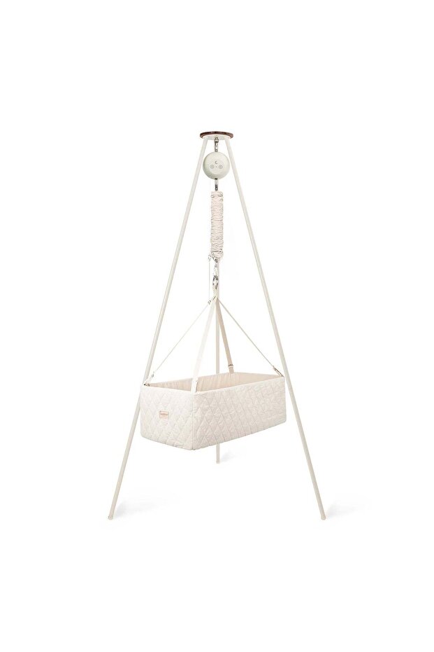 Classic Bundle Cradle Motor Premium & Tripod Stand - Organic Baby Cradle With Mattress & Spring - Scandinavian Hanging Cradle For Newborn Sleep - Gots Certified Cotton - Nature