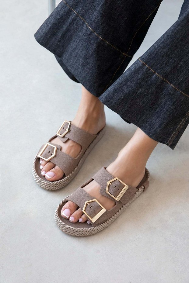 Ponny Women's Buckle Detail Daily Comfort Suede Slippers Mink