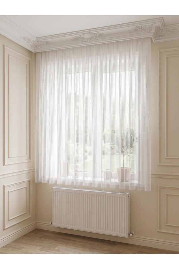 Honeycomb Top Short Tulle Curtain - Armür Ecru 1:2.5 Regular Pleated Non-Ironing Striped