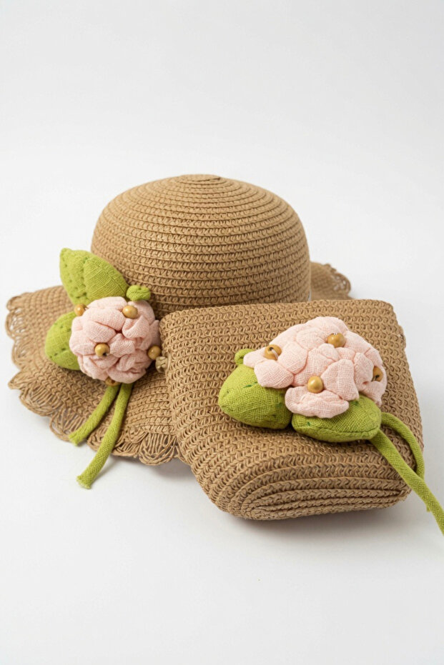 Gift Girl's Summer Brown Straw Hat Bag Set | Sümbül Model Beach Combination