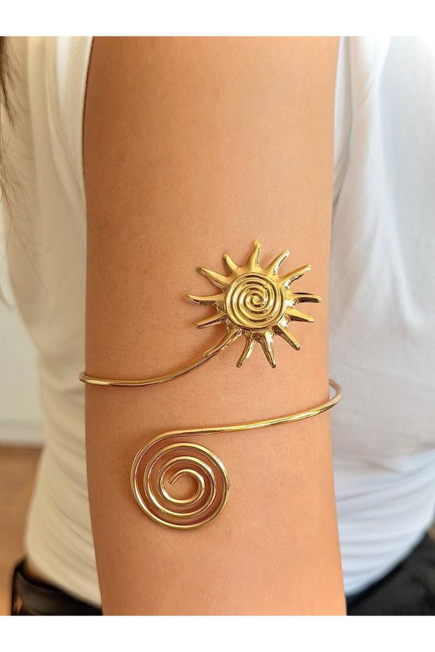 Women's Steel Gold Color Sun and Spiral Detail Bracelet for the Upper Arm