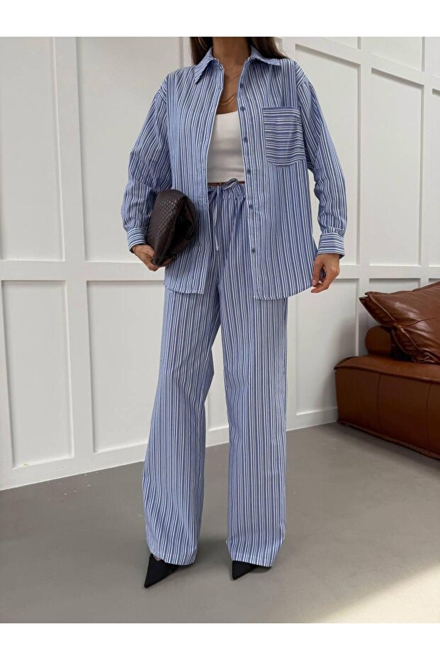 Blue Striped Double Shirt and Trousers Set