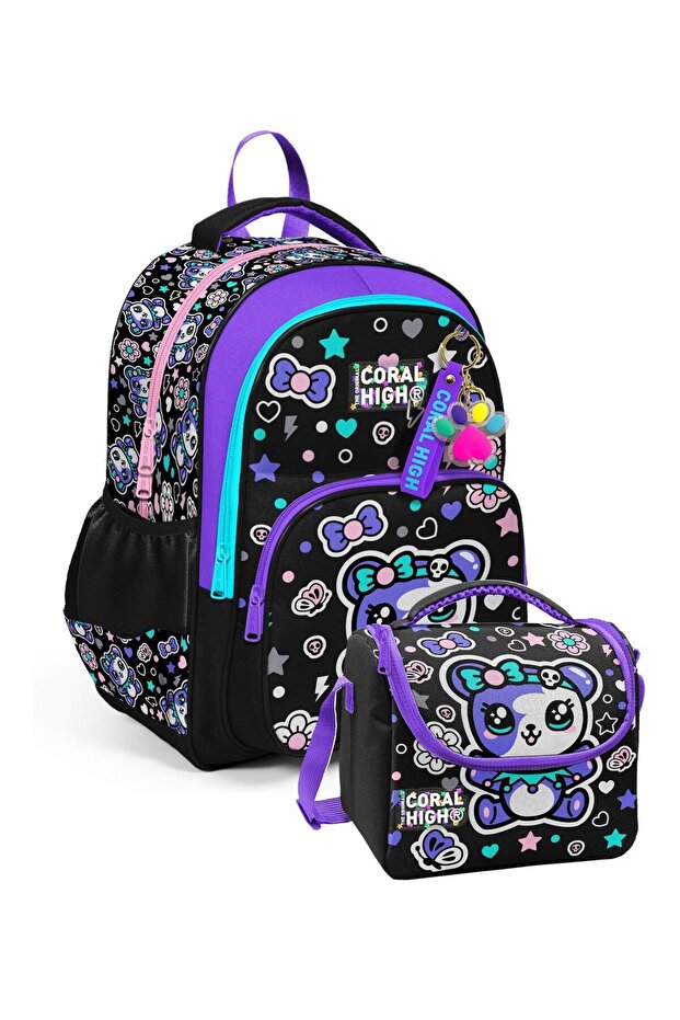 Girl's Primary School Bag and Lunch Set - Black Purple Teddy Bear Printed Setygn33242B