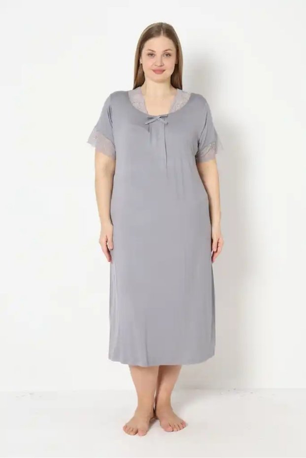 Women's Plus Size Elegant Lace Detailed Ring Viscose Short Sleeve Nightgown (Mother's Nightgown)