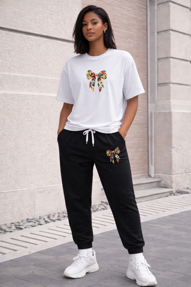 Women's Wide Cut Cotton Oversize Thort Track Suit with Flowered Bow Print