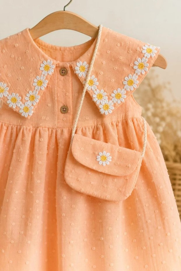 Girl's Daisy Embroidered Wide Collar Dress with Bag, Ages 1-4