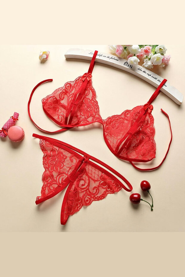 Women's Red Ruched Bra Panty Set