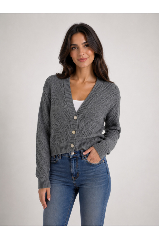 Women's Smoked V-Neck Buttoned Cardigan