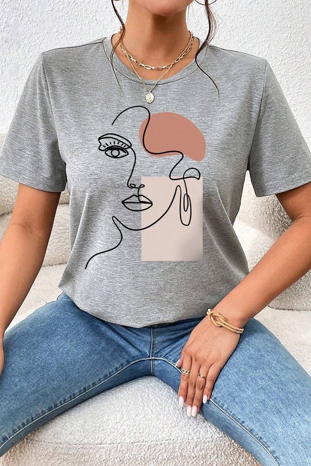 تيشيرت نسائي بتصميم مطبوع عليه صورة ماك اب سيلويت، مقاس كبير وفضفاض