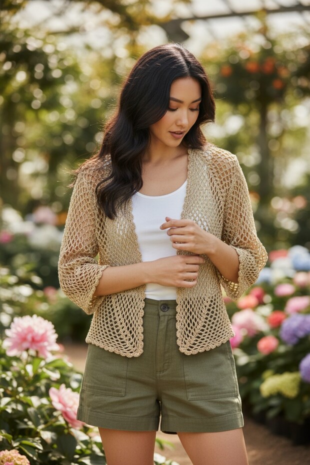 Gold Color Glittery Hand Knitted Crochet Hexagonal Mesh Cardigan