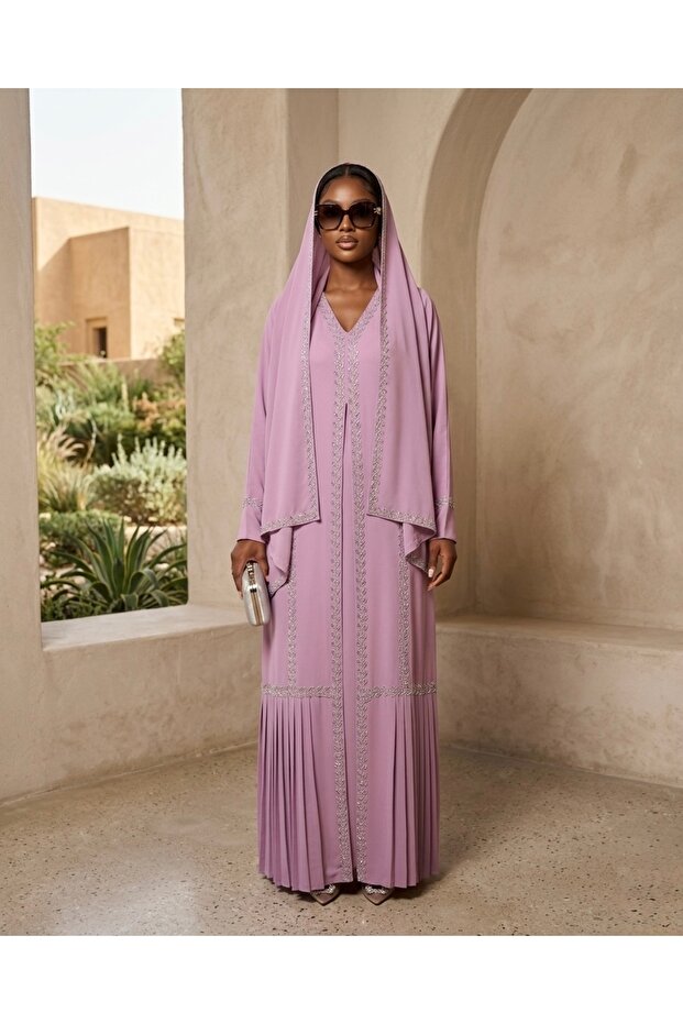 Elegant pink Embellished Pleated Abaya with Matching Hija