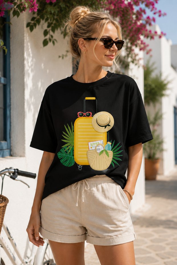 Summer Vacation Suitcase Printed Crew Neck Unisex Oversize T-Shirt – Holiday Themed Cotton T-Shirt