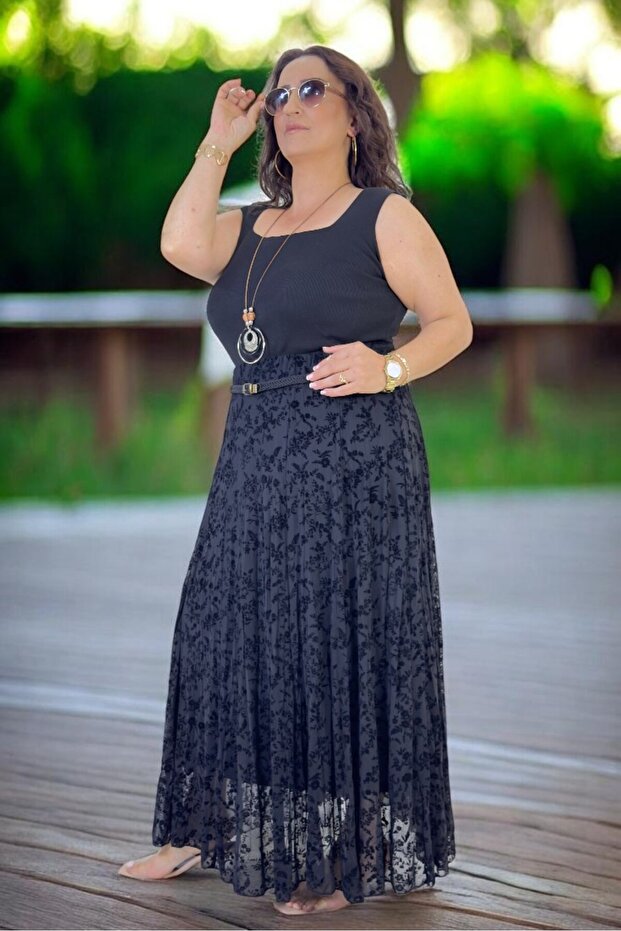 Thin Belt Detail, Flock Print Pattern, Elastic Waist, Lined, Plus Size Tulle Skirt