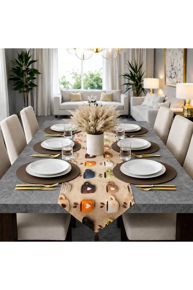American Service, New Season 6-Piece Brown Supla and Runner Cover Coffee Break Set