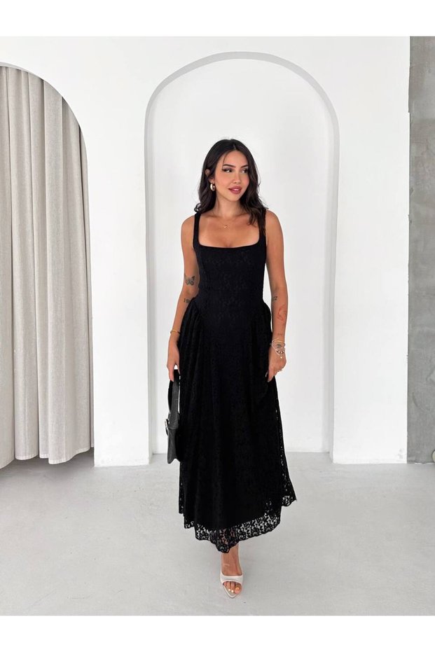 Lace Textured Square Neck Midi Dress Elegant Women's Summer Dress